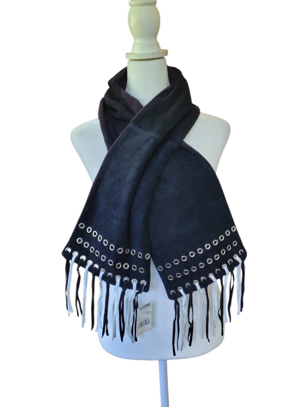 NWT Wilsons Leather Suede Black Grommet Fringe Wrap Scarf